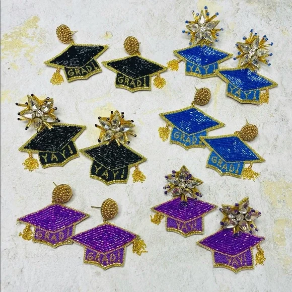 Royal Blue & Gold Graduation Graduate Earrings - Picture 6 of 6
